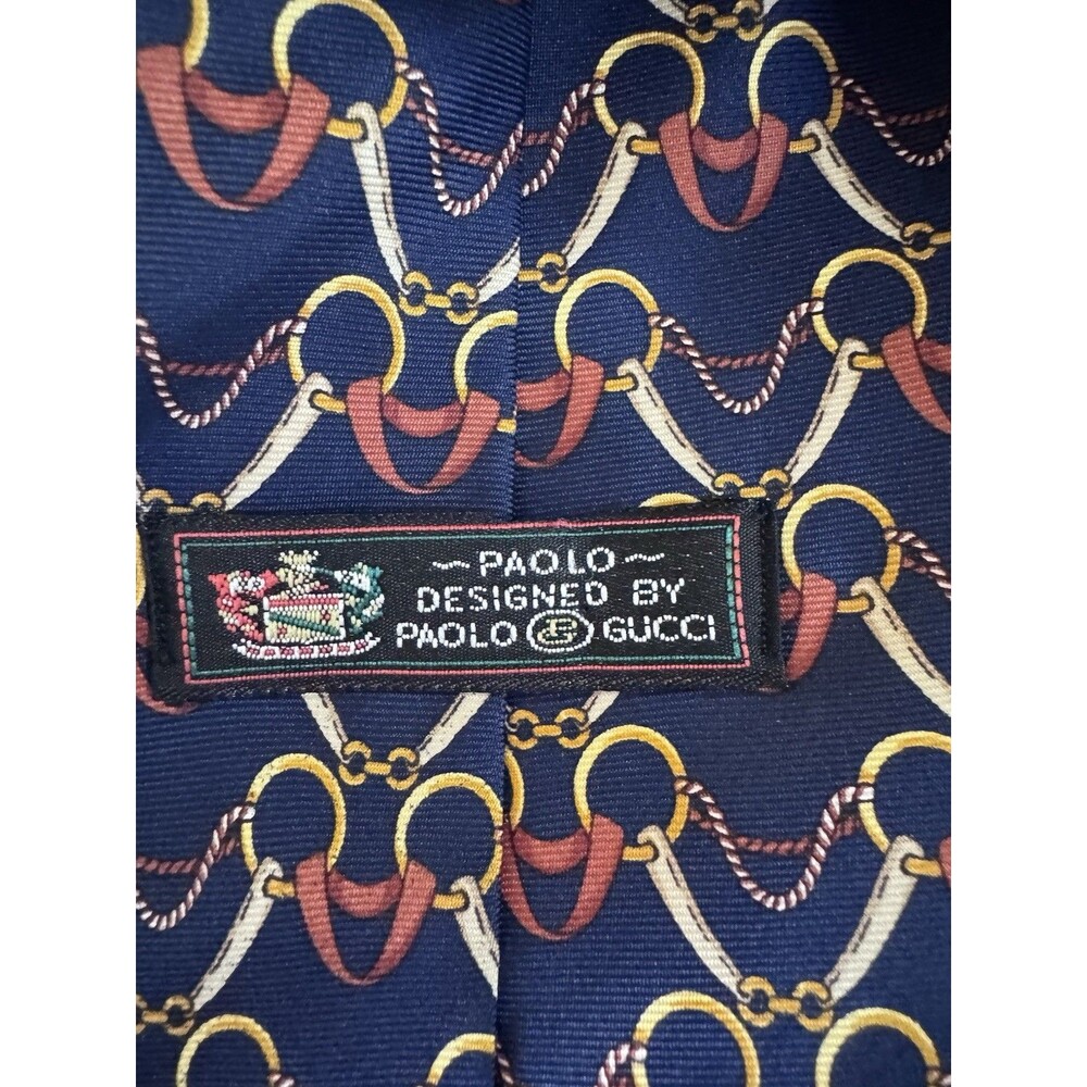 Vintage GUCCI Logo Interlocking Chain Full Length Men's Blue Silk Neck Tie Italy - Picture 3 of 7
